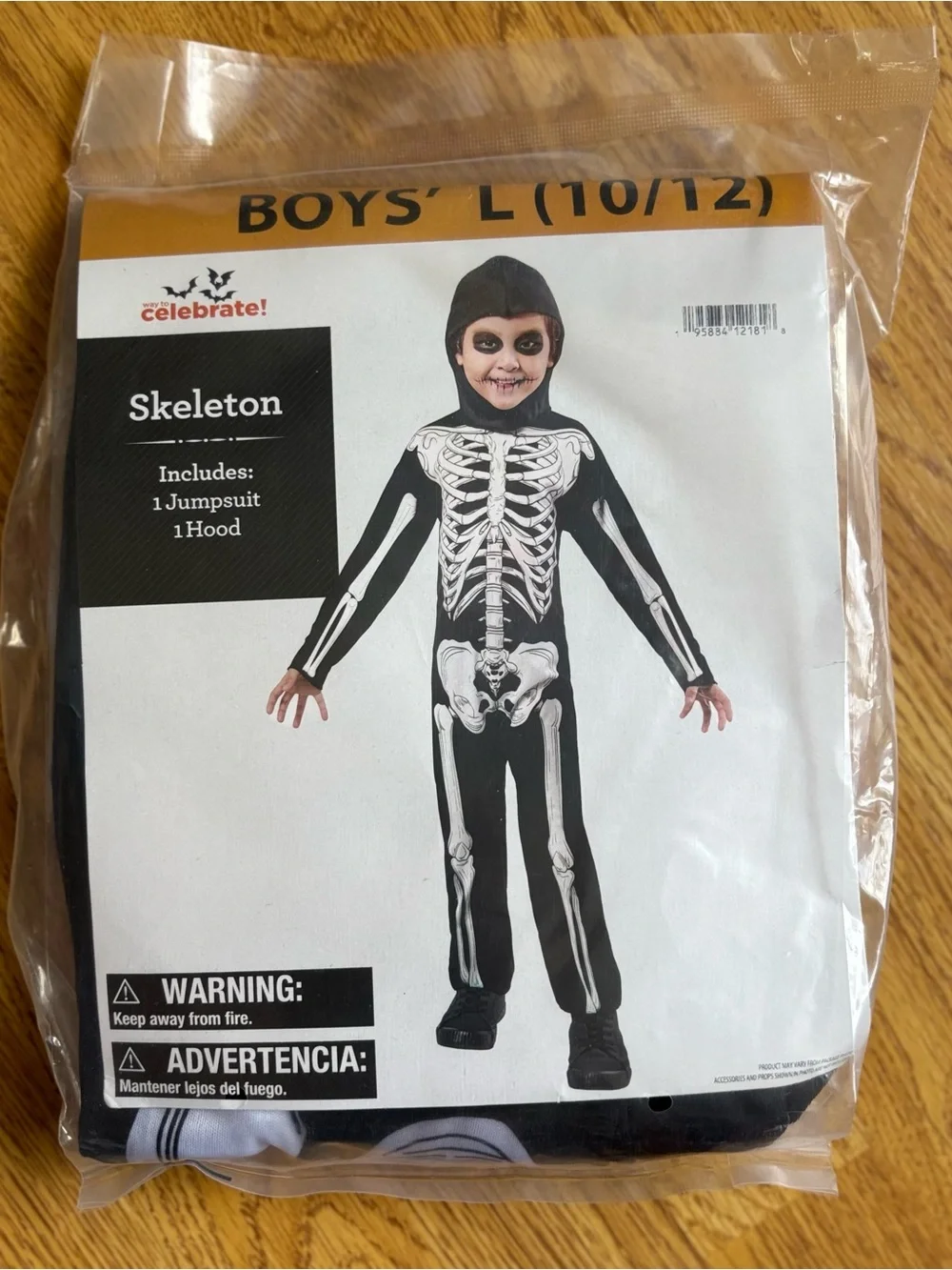 Skeleton Jumpsuit Hooded Costume Halloween Dress-Up Spooky Sz L 10/12 NEW